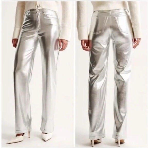 Abercrombie And Fitch High Rise the 90’s Relaxed Leather Pants Silver Glam 4 NWT - Picture 3 of 12